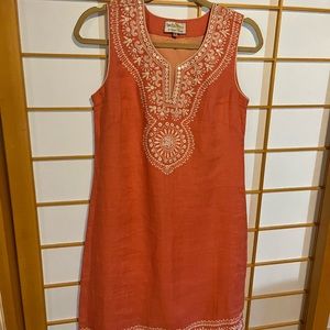 Bella Tu Linen Embroidered Shift Dress. Size 2. Coral color.